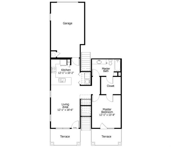 Rendering of the Oaks 3A6G floor plan with 1 bedroom[s] and 1 bathroom[s] at Thousand Oaks