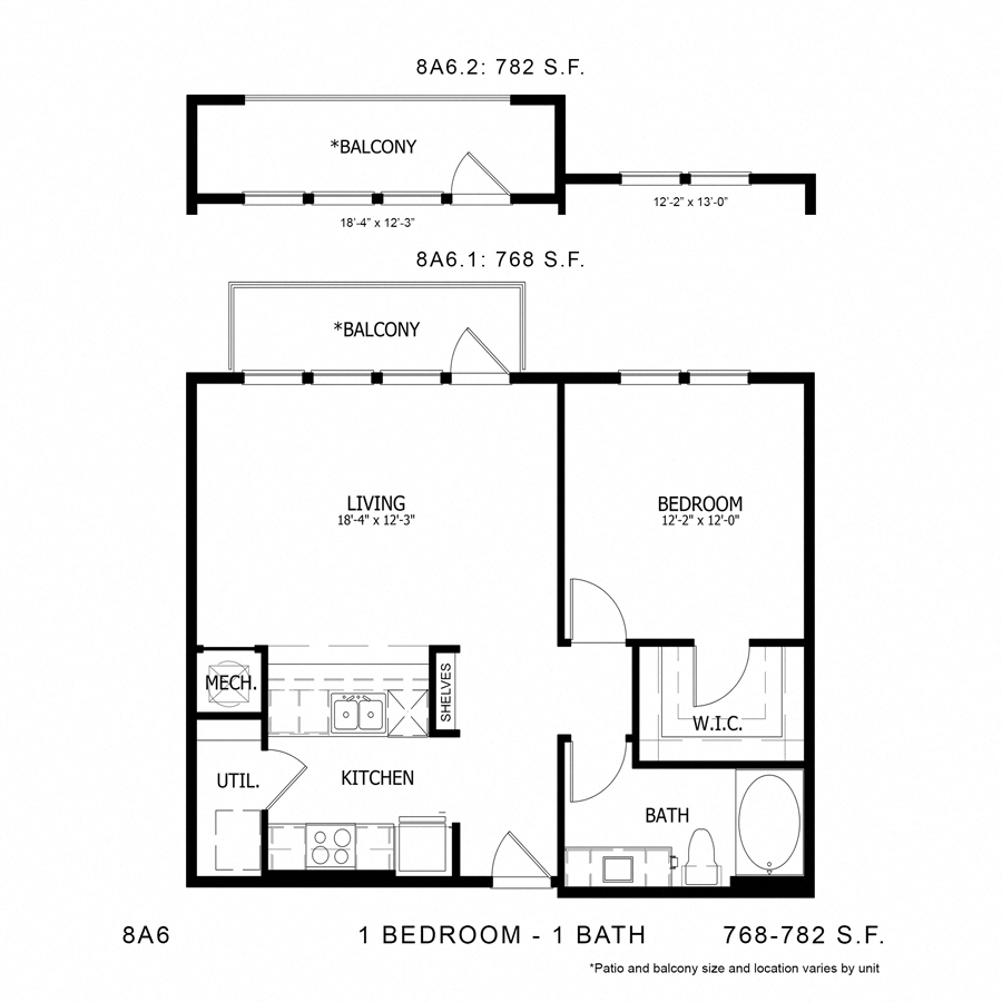 Rendering of the Stag`s Leap 8A6 floor plan with 1 bedroom[s] and 1 bathroom[s] at Thousand Oaks