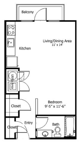 Rendering of the Oaks 5AFT floor plan with 1 bedroom[s] and 1 bathroom[s] at Thousand Oaks