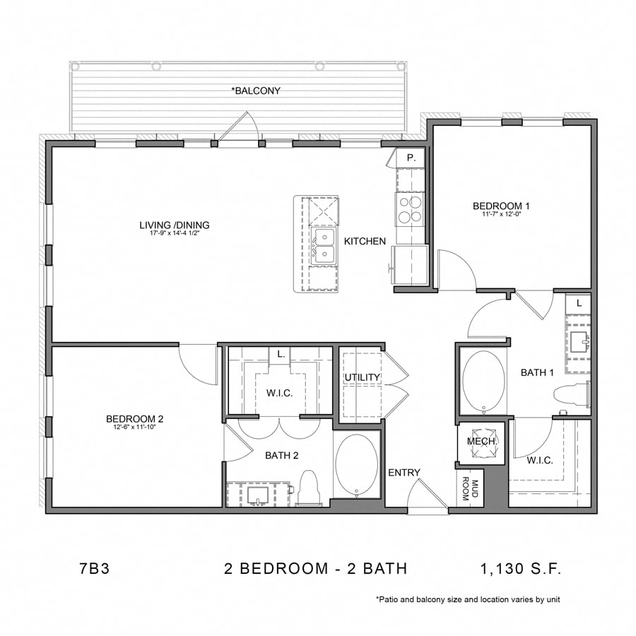 Rendering of the Stag`s Leap 7B3 floor plan with 2 bedroom[s] and 2 bathroom[s] at Thousand Oaks