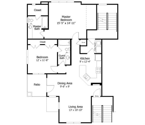 Rendering of the Oaks 3B3 floor plan with 2 bedroom[s] and 2 bathroom[s] at Thousand Oaks