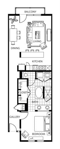 Rendering of the OAKS 4c.A1.3 floor plan with 1 bedroom[s] and 1 bathroom[s] at Thousand Oaks