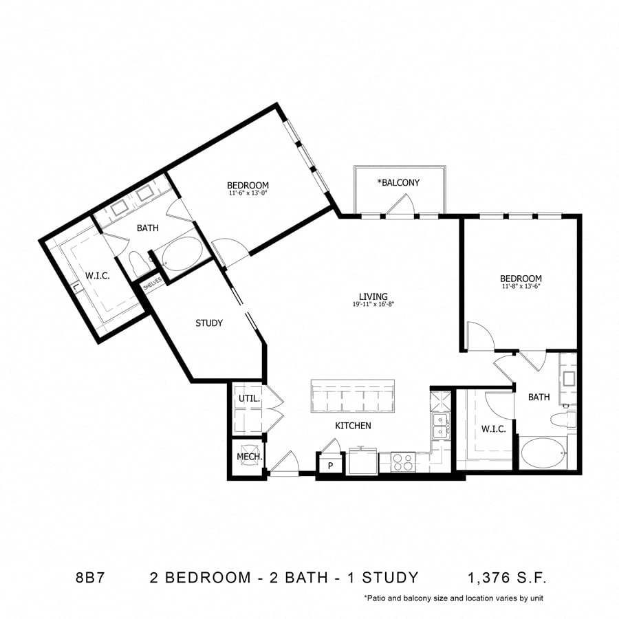 Rendering of the Stag`s Leap 8B7 floor plan with 2 bedroom[s] and 2 bathroom[s] at Thousand Oaks