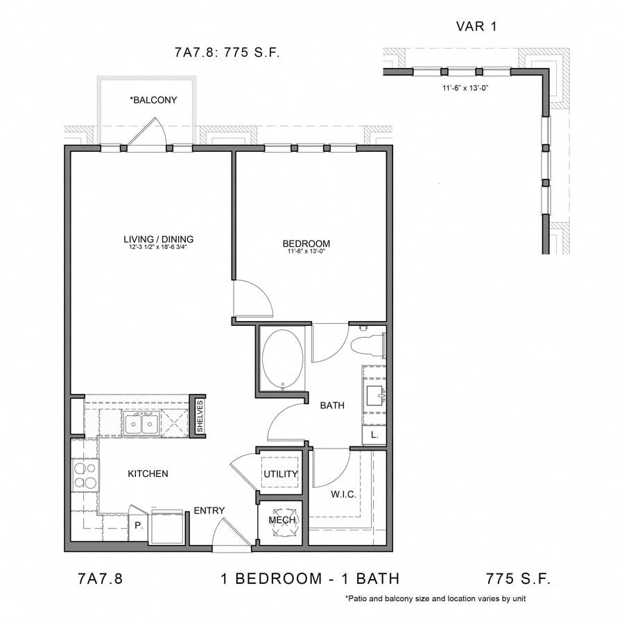 Rendering of the Stag`s Leap 7A7.8 floor plan with 1 bedroom[s] and 1 bathroom[s] at Thousand Oaks