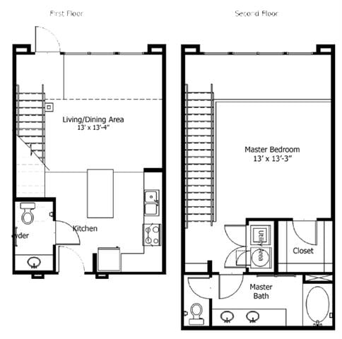 Rendering of the Oaks 5THA7 floor plan with 1 bedroom[s] and 1 bathroom[s] at Thousand Oaks