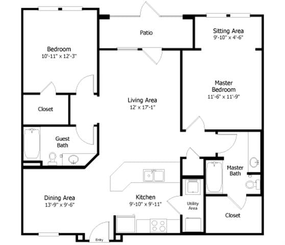 Rendering of the Oaks 3B2 floor plan with 2 bedroom[s] and 2 bathroom[s] at Thousand Oaks