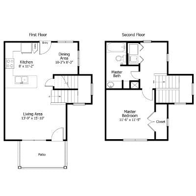 Rendering of the Oaks 3THA1.2 floor plan with 1 bedroom[s] and 1 bathroom[s] at Thousand Oaks