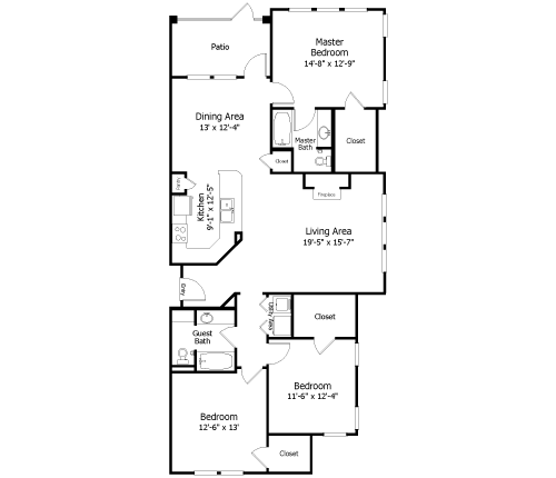 Rendering of the Oaks 3C2 floor plan with 3 bedroom[s] and 2 bathroom[s] at Thousand Oaks