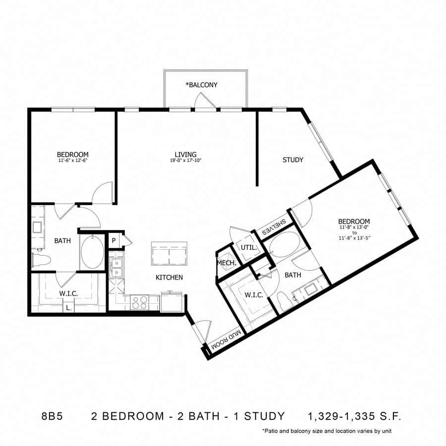 Rendering of the Stag`s Leap 8B5 floor plan with 2 bedroom[s] and 2 bathroom[s] at Thousand Oaks