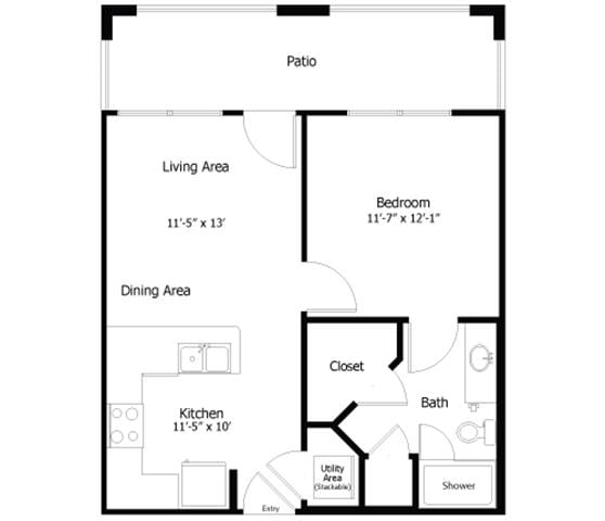 Rendering of the Oaks 4.A1 floor plan with 1 bedroom[s] and 1 bathroom[s] at Thousand Oaks