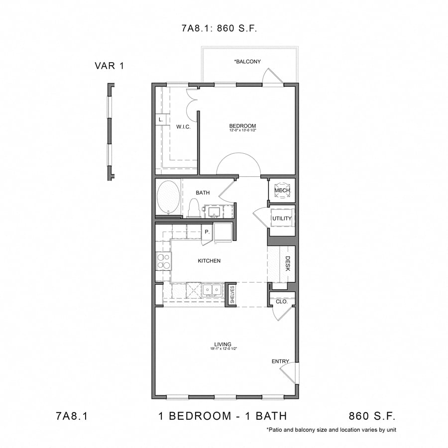 Rendering of the Stag`s Leap 7A8.1 floor plan with 1 bedroom[s] and 1 bathroom[s] at Thousand Oaks