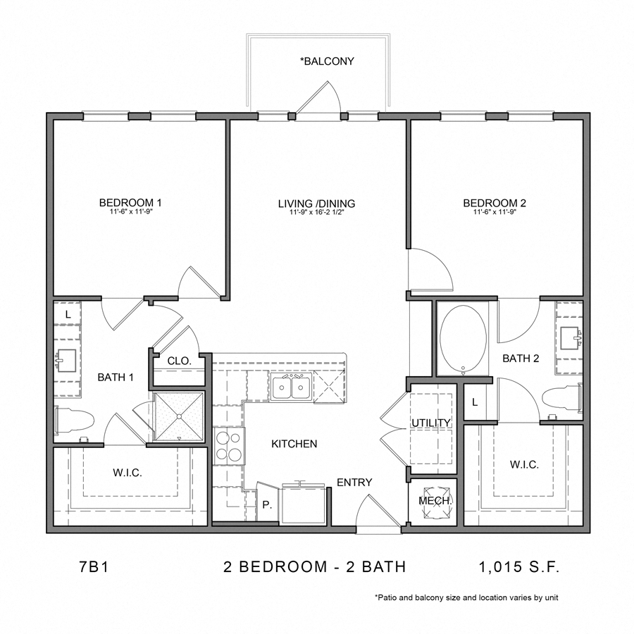 Rendering of the Stag`s Leap 7B1 floor plan with 2 bedroom[s] and 2 bathroom[s] at Thousand Oaks