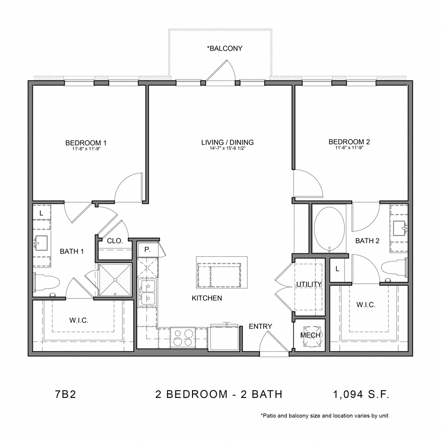 Rendering of the Stag`s Leap 7B2 floor plan with 2 bedroom[s] and 2 bathroom[s] at Thousand Oaks