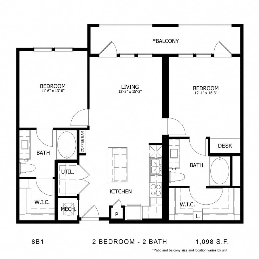 Rendering of the Stag`s Leap 8B1 floor plan with 2 bedroom[s] and 2 bathroom[s] at Thousand Oaks