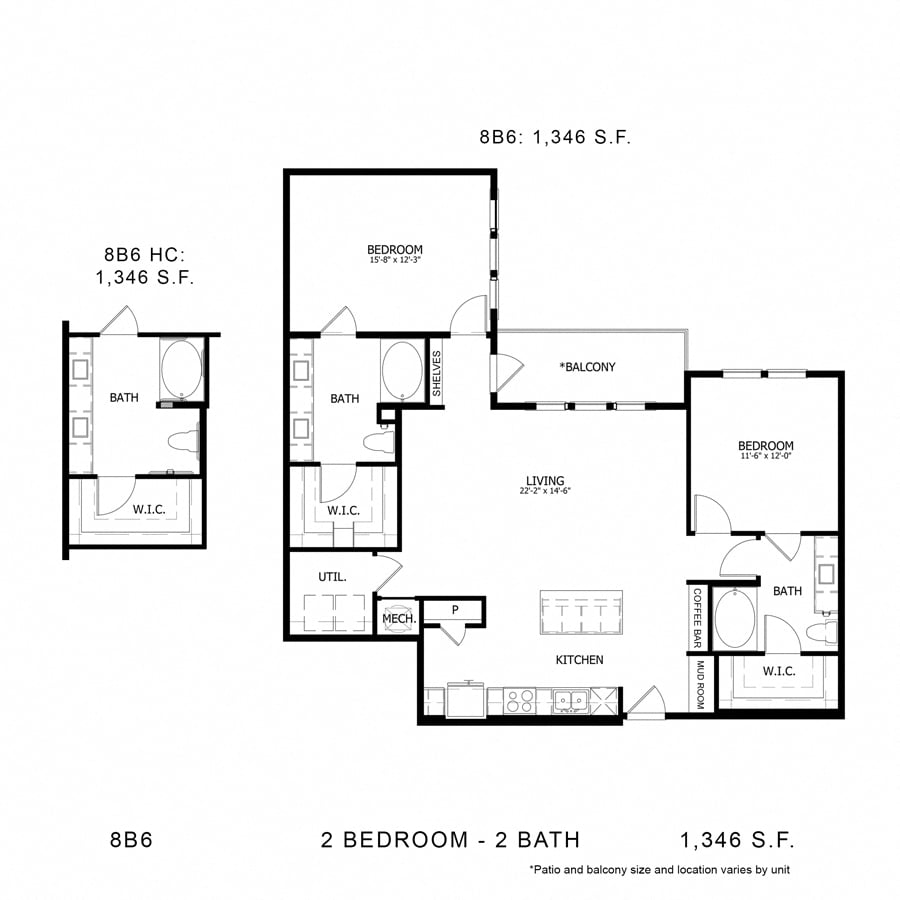 Rendering of the Stag`s Leap 8B6 floor plan with 2 bedroom[s] and 2 bathroom[s] at Thousand Oaks