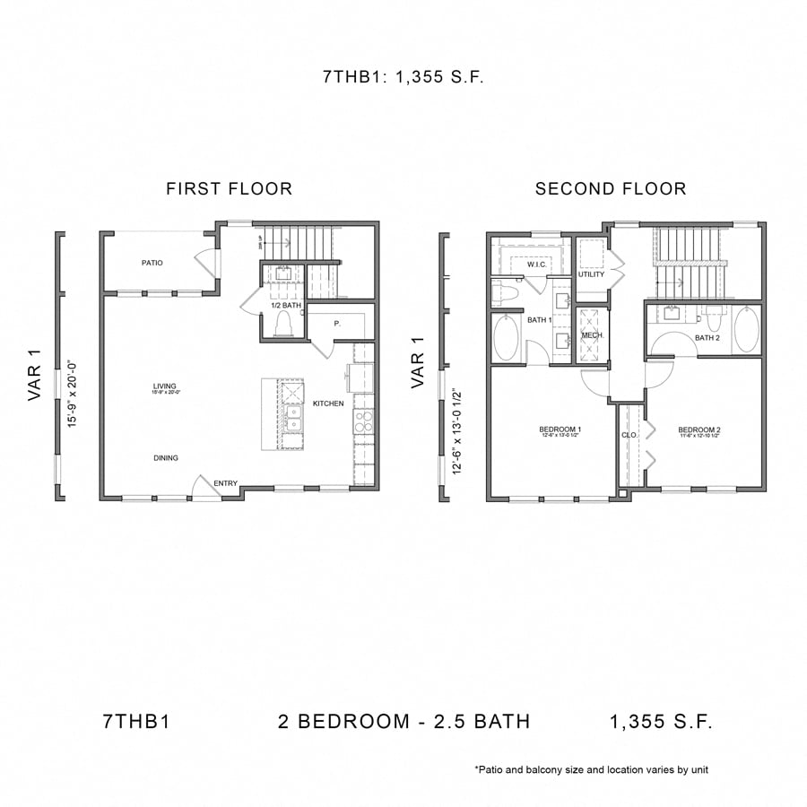 Rendering of the Stag`s Leap 7THB1 floor plan with 2 bedroom[s] and 2 bathroom[s] at Thousand Oaks