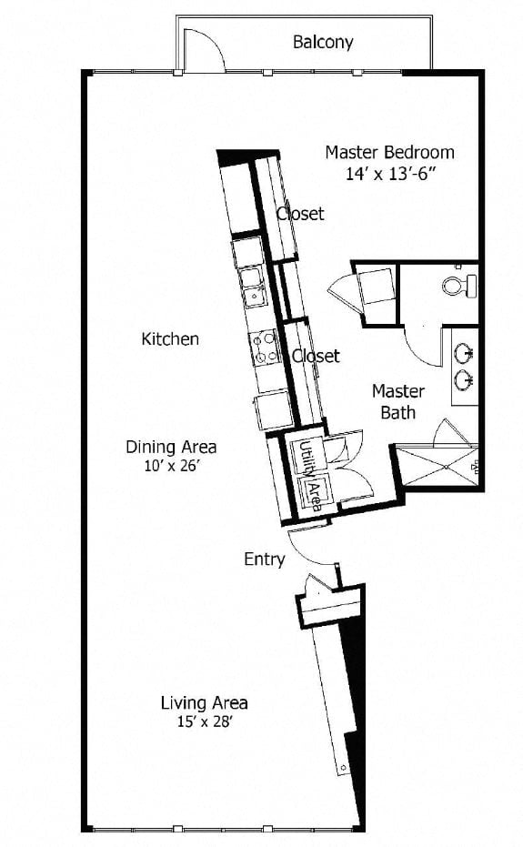 Rendering of the Oaks 5A9 floor plan with 1 bedroom[s] and 1 bathroom[s] at Thousand Oaks