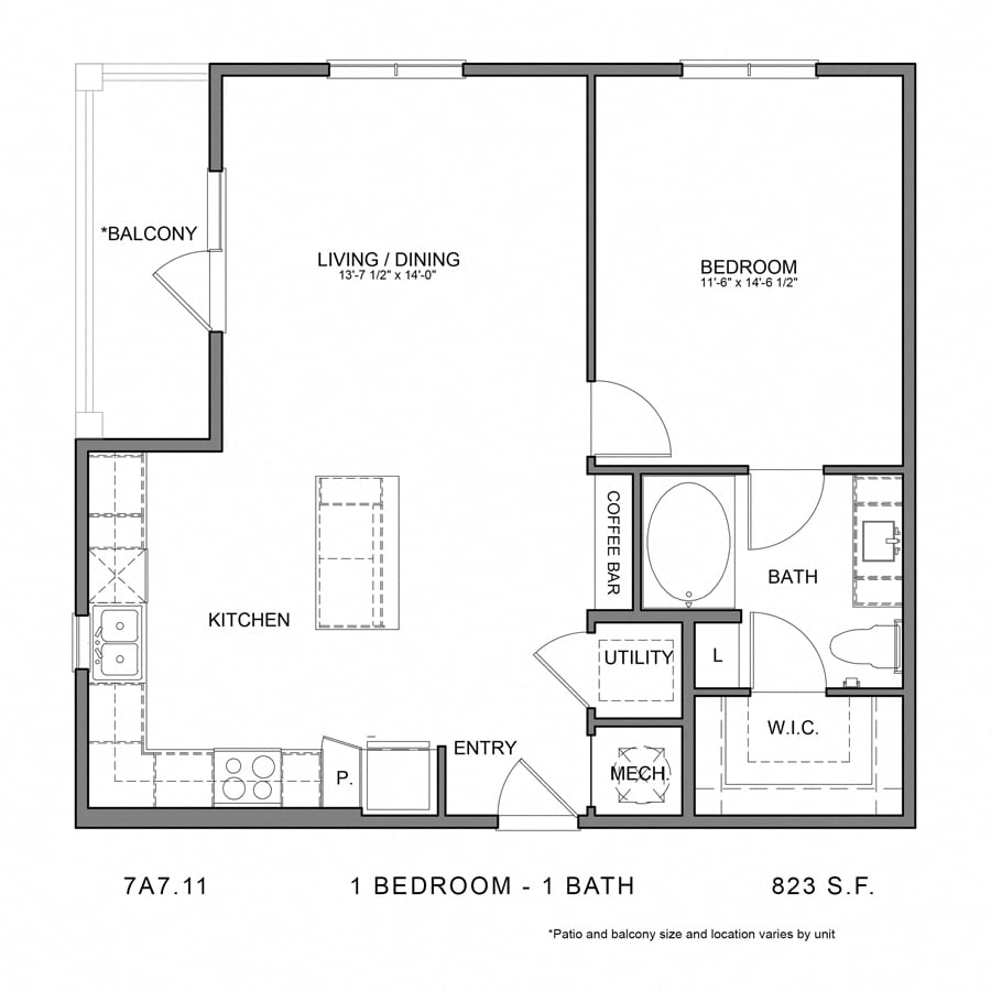 Rendering of the Stag`s Leap 7A7.11 floor plan with 1 bedroom[s] and 1 bathroom[s] at Thousand Oaks