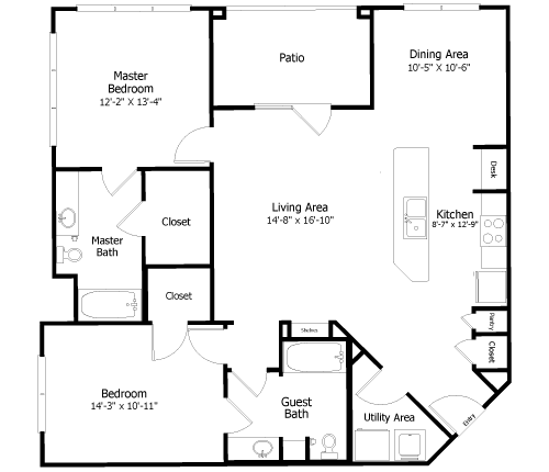 Rendering of the Oaks 3B4 floor plan with 2 bedroom[s] and 2 bathroom[s] at Thousand Oaks