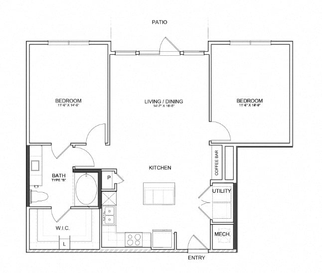 Rendering of the Stag`s Leap 8B1 floor plan with 2 bedroom[s] and 1 bathroom[s] at Thousand Oaks
