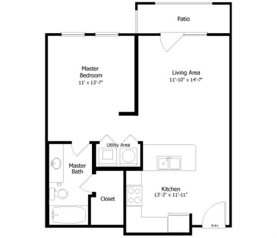Rendering of the Oaks 3A1 floor plan with 1 bedroom[s] and 1 bathroom[s] at Thousand Oaks