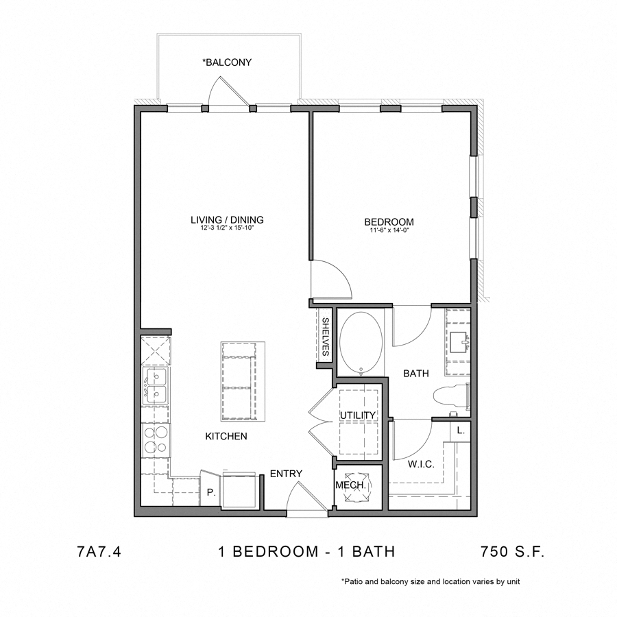 Rendering of the Stag`s Leap 7A7.4 floor plan with 1 bedroom[s] and 1 bathroom[s] at Thousand Oaks