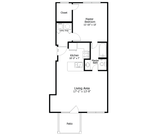 Rendering of the Oaks 3A2 floor plan with 1 bedroom[s] and 1 bathroom[s] at Thousand Oaks