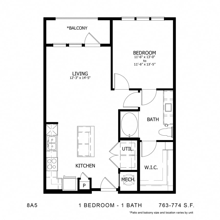 Rendering of the Stag`s Leap 8A5 floor plan with 1 bedroom[s] and 1 bathroom[s] at Thousand Oaks