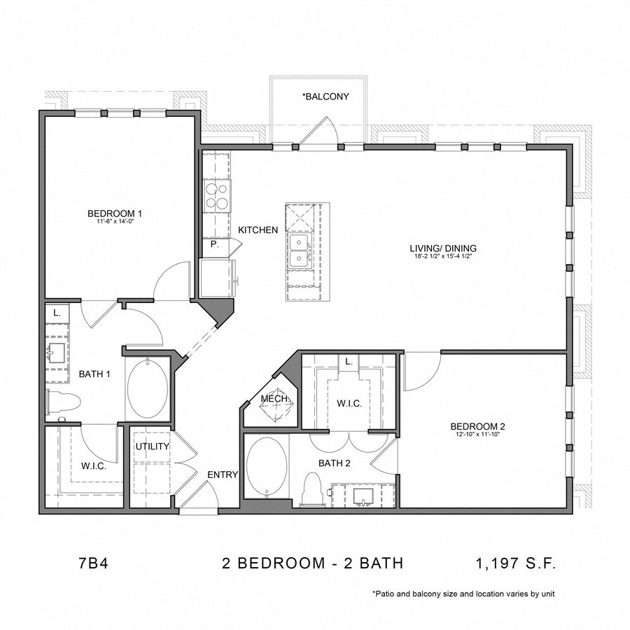 Rendering of the Stag`s Leap 7B4 floor plan with 2 bedroom[s] and 2 bathroom[s] at Thousand Oaks