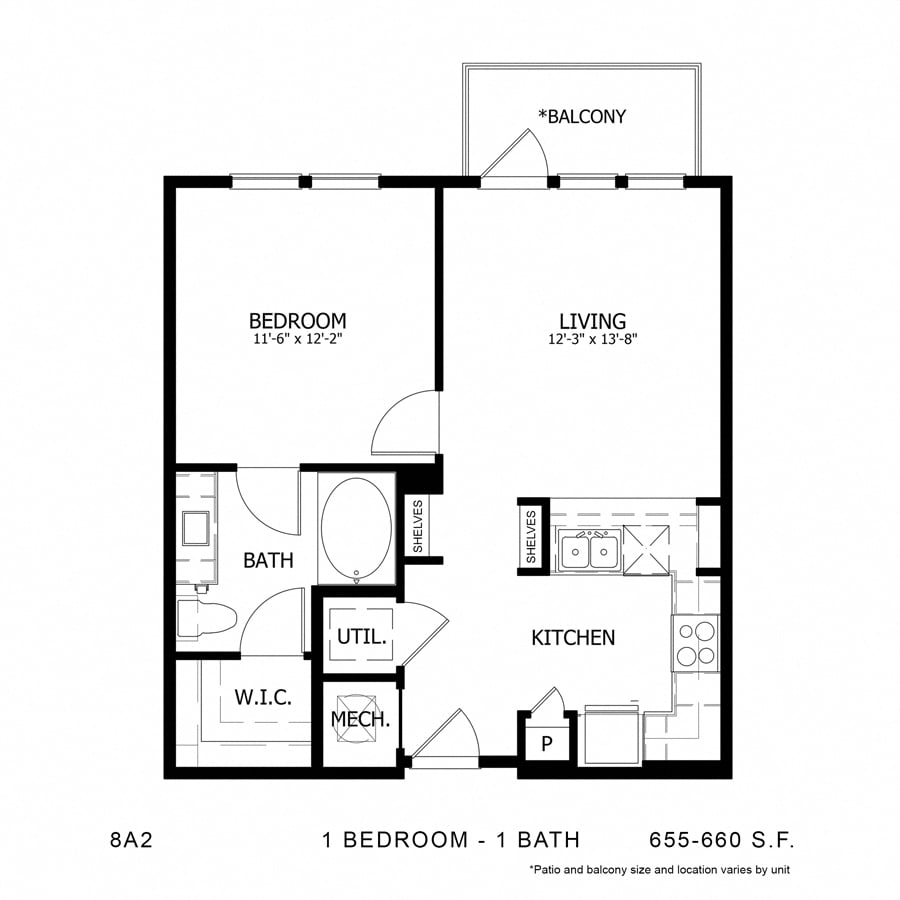 Rendering of the Stag`s Leap 8A2 floor plan with 1 bedroom[s] and 1 bathroom[s] at Thousand Oaks