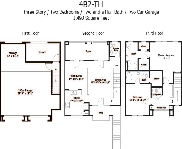 Rendering of the Oaks 4B2THGG floor plan with 2 bedroom[s] and 2.5 bathroom[s] at Thousand Oaks