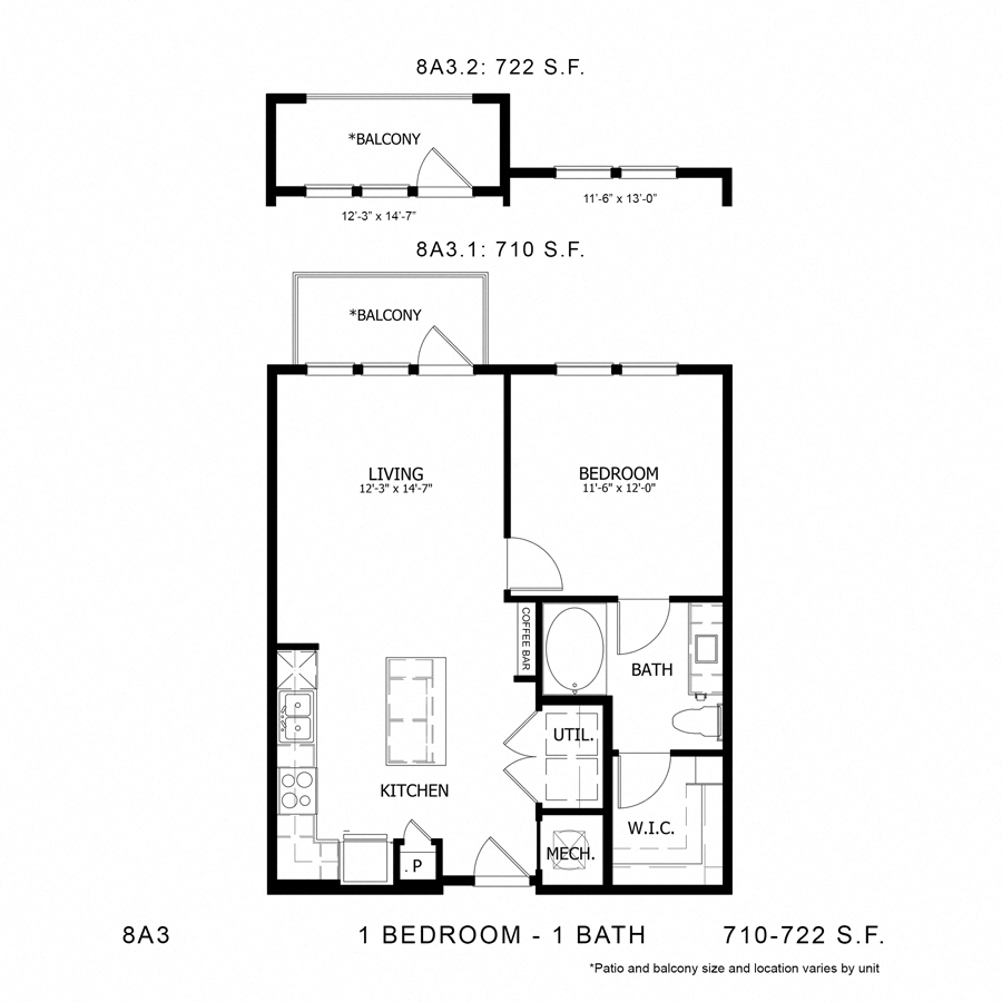 Rendering of the Stag`s Leap 8A3 floor plan with 1 bedroom[s] and 1 bathroom[s] at Thousand Oaks