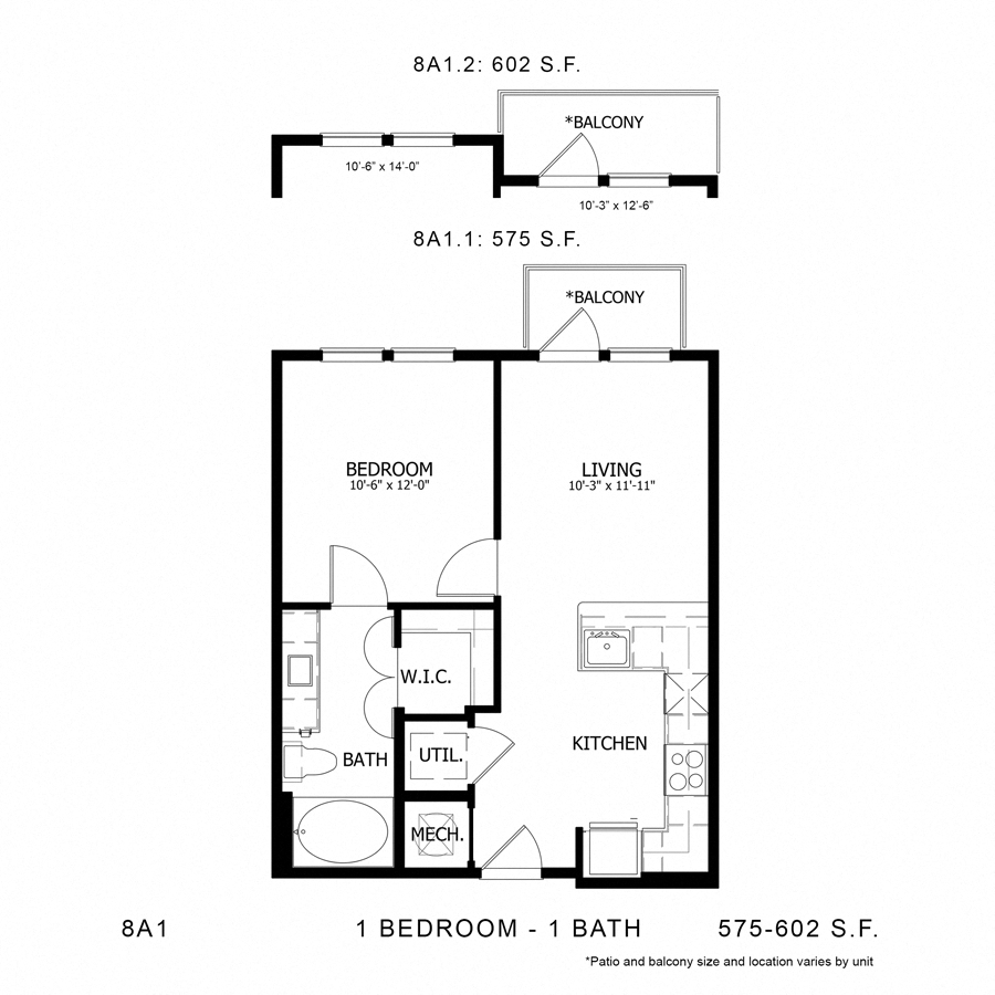 Rendering of the Stag`s Leap 8A1 floor plan with 1 bedroom[s] and 1 bathroom[s] at Thousand Oaks