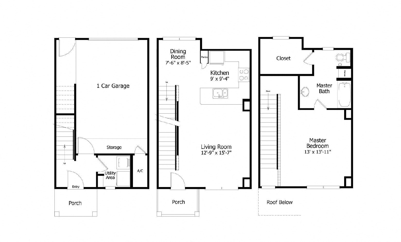 Rendering of the Oaks 3THA2G floor plan with 1 bedroom[s] and 1 bathroom[s] at Thousand Oaks
