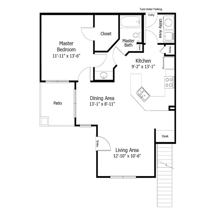 Rendering of the Oaks 3A7T floor plan with 1 bedroom[s] and 1 bathroom[s] at Thousand Oaks