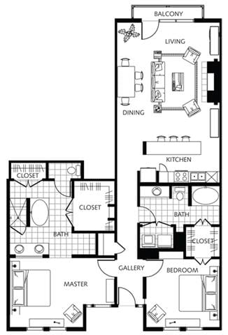 Rendering of the OAKS 4c.A6.2 floor plan with 2 bedroom[s] and 2 bathroom[s] at Thousand Oaks