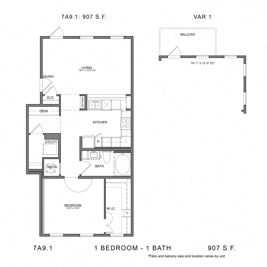 Rendering of the Stag`s Leap 7A9.1 floor plan with 1 bedroom[s] and 1 bathroom[s] at Thousand Oaks