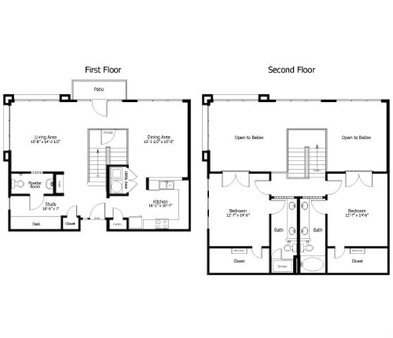 Rendering of the Oaks 4.BL4 floor plan with 2 bedroom[s] and 2.5 bathroom[s] at Thousand Oaks