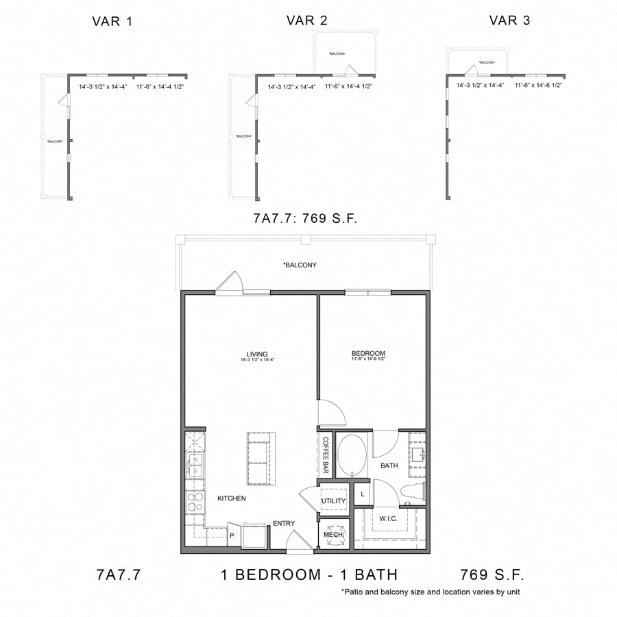 Rendering of the Stag`s Leap 7A7.7 floor plan with 1 bedroom[s] and 1 bathroom[s] at Thousand Oaks