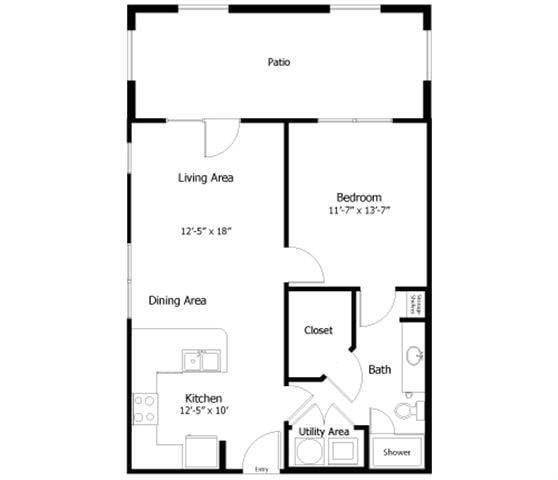Rendering of the Oaks 4.A2 floor plan with 1 bedroom[s] and 1 bathroom[s] at Thousand Oaks
