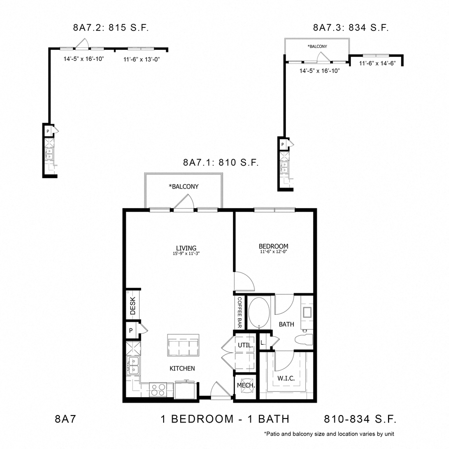 Rendering of the Stag`s Leap 8A7 floor plan with 1 bedroom[s] and 1 bathroom[s] at Thousand Oaks