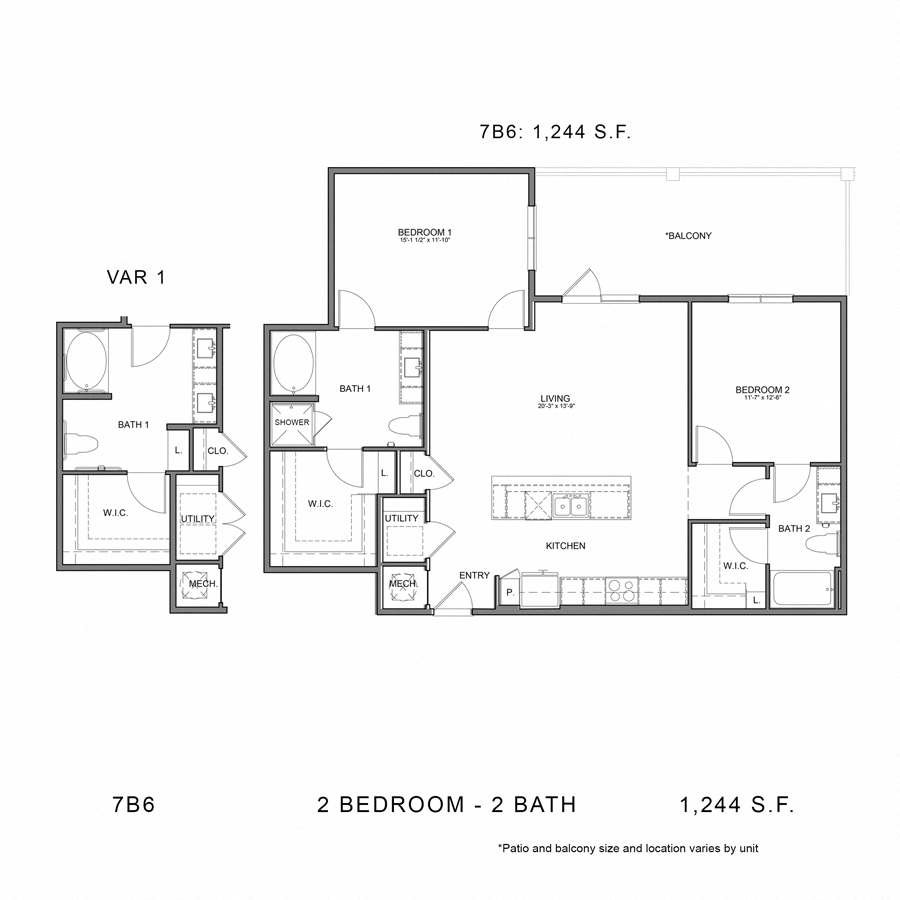 Rendering of the Stag`s Leap 7B6 floor plan with 2 bedroom[s] and 2 bathroom[s] at Thousand Oaks