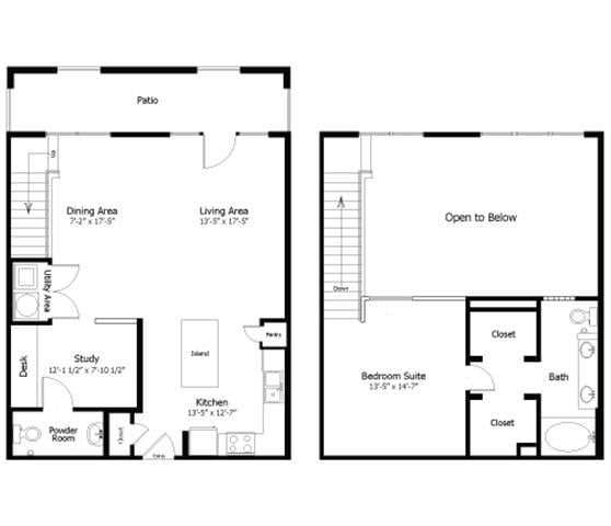 Rendering of the Oaks  4.AL2 floor plan with 1 bedroom[s] and 1 bathroom[s] at Thousand Oaks