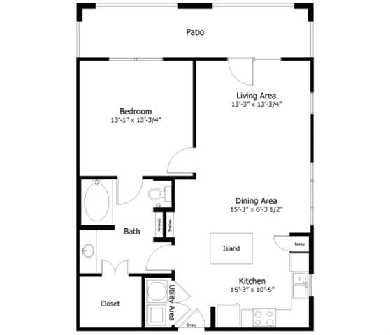 Rendering of the Oaks 4.A3 floor plan with 1 bedroom[s] and 1 bathroom[s] at Thousand Oaks