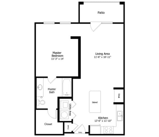 Rendering of the Oaks 3A4 floor plan with 1 bedroom[s] and 1 bathroom[s] at Thousand Oaks