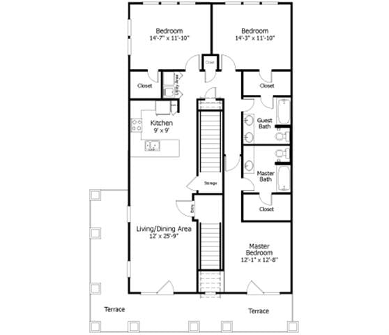 Rendering of the Oaks 3C3 floor plan with 3 bedroom[s] and 2 bathroom[s] at Thousand Oaks