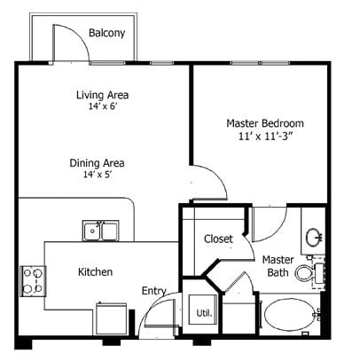 Rendering of the Oaks 5A2 floor plan with 1 bedroom[s] and 1 bathroom[s] at Thousand Oaks