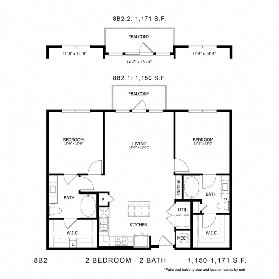 Rendering of the Stag`s Leap 8B2 floor plan with 2 bedroom[s] and 2 bathroom[s] at Thousand Oaks