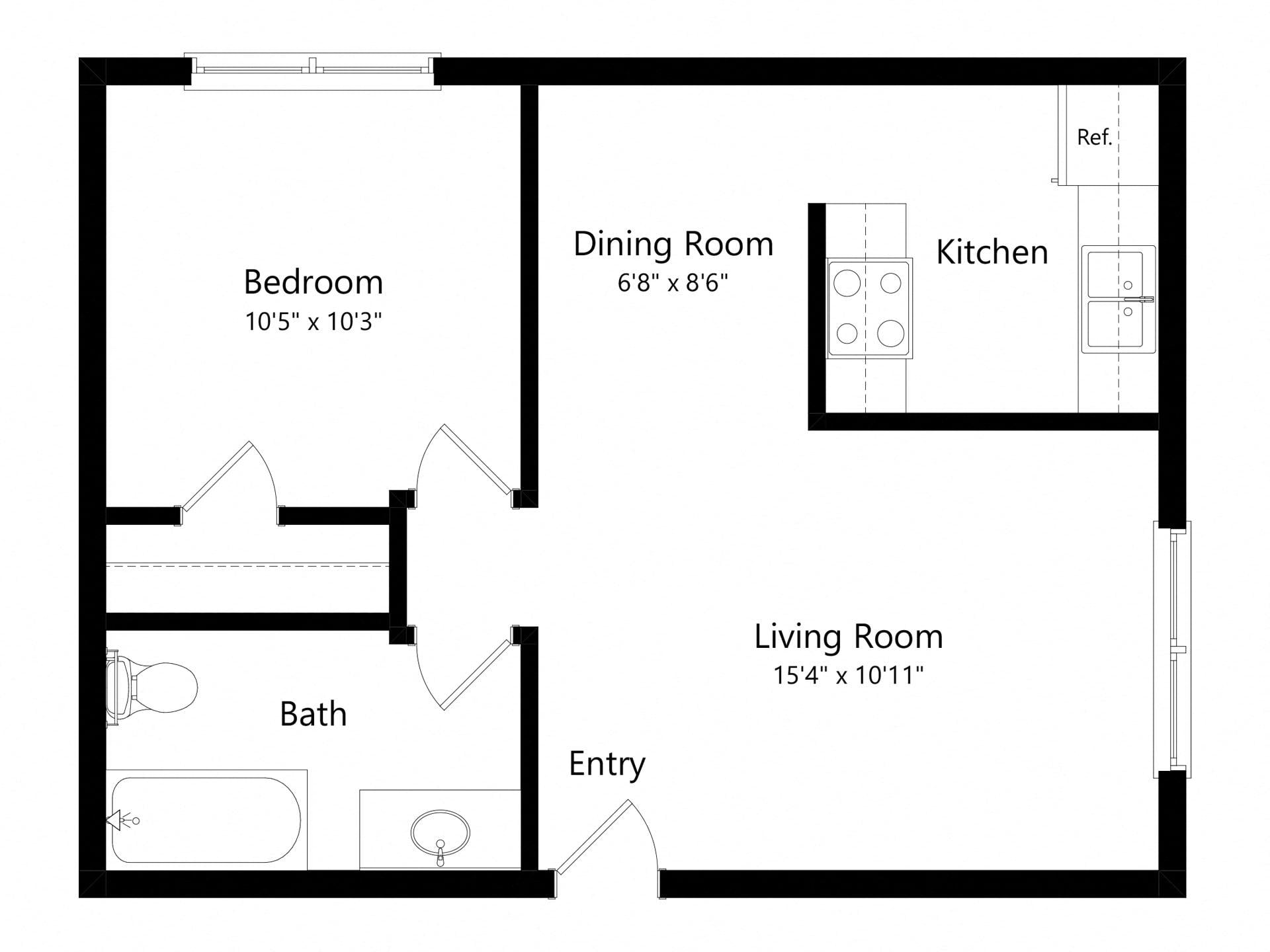 1 Bedroom 1 Bath 663 SQ. FT. floor plan