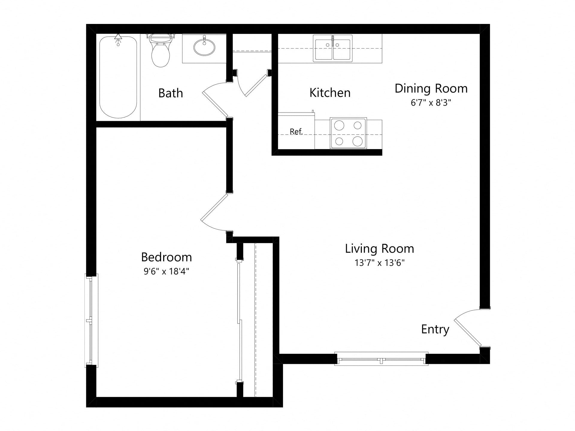 1 Bedroom 1 Bath 702 SQ. FT. floor plan